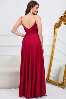 Spaghetti Straps Burgundy Long Formal Dress