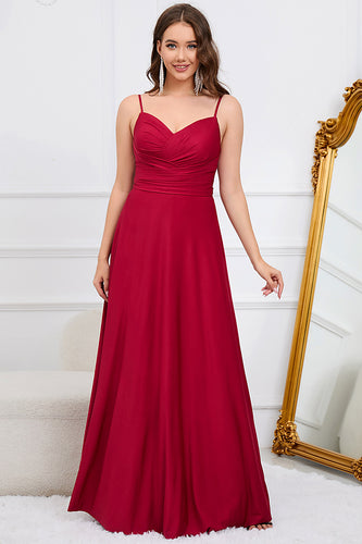 Spaghetti Straps Burgundy Long Formal Dress