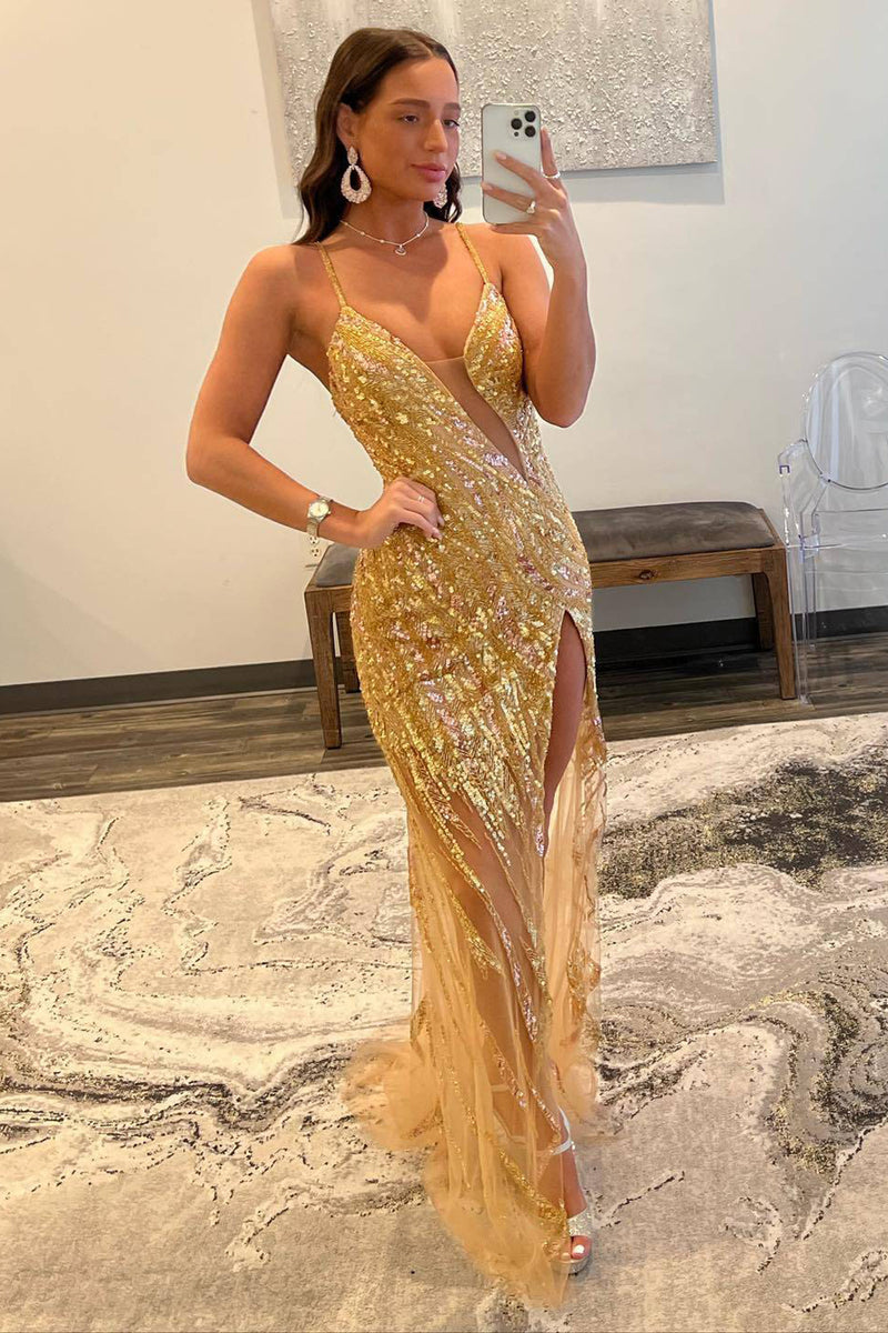 Load image into Gallery viewer, Sparkly Golden Spaghetti Straps Sequins Long Formal Dress with Slit