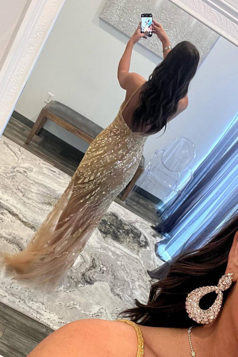 Load image into Gallery viewer, Sparkly Golden Spaghetti Straps Sequins Long Formal Dress with Slit