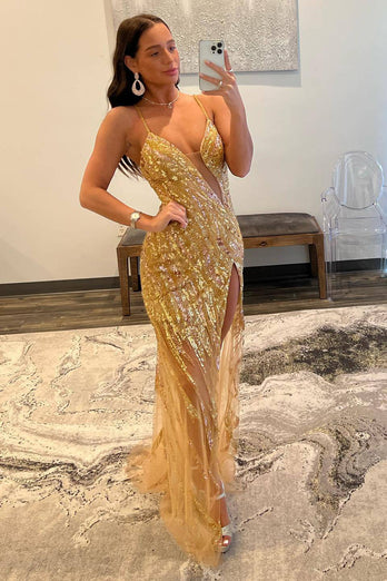 Sparkly Golden Spaghetti Straps Sequins Long Formal Dress with Slit