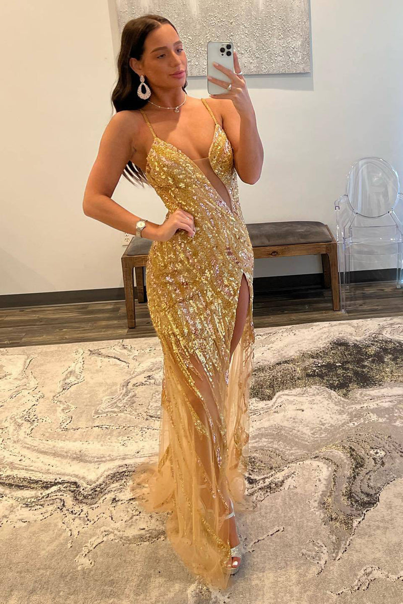 Load image into Gallery viewer, Sparkly Golden Spaghetti Straps Sequins Long Formal Dress with Slit