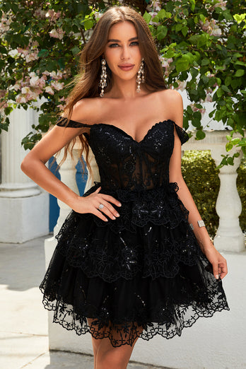 A Line Off the Shoulder Blue Corset Short Formal Dress with Lace