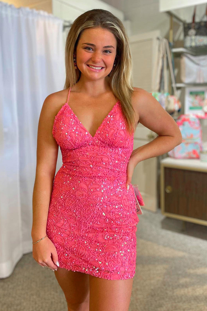 Load image into Gallery viewer, Sparkly Lace-Up Back Fuchsia Short Formal Dress