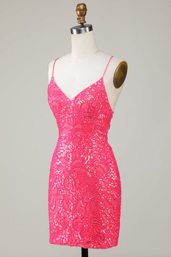 Sparkly Lace-Up Back Fuchsia Short Formal Dress