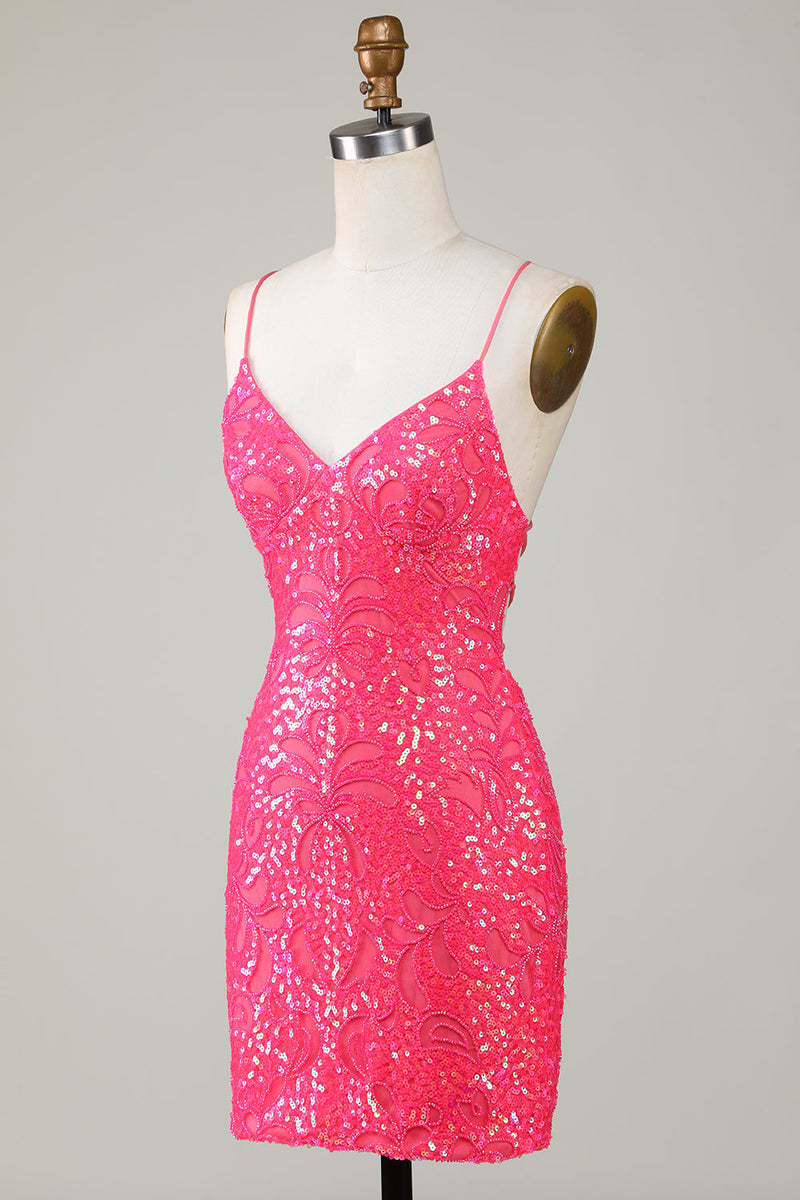 Load image into Gallery viewer, Sparkly Lace-Up Back Fuchsia Short Formal Dress