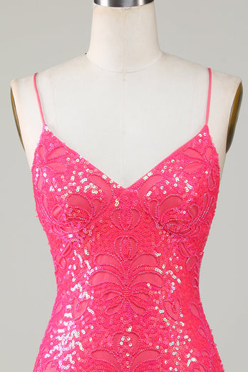 Sparkly Lace-Up Back Fuchsia Short Formal Dress