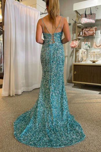 Glitter Golden Mermaid Backless Long Formal Dress With Slit