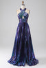 Load image into Gallery viewer, Sparkly Purple Halter A Line Formal Dress with Pleated