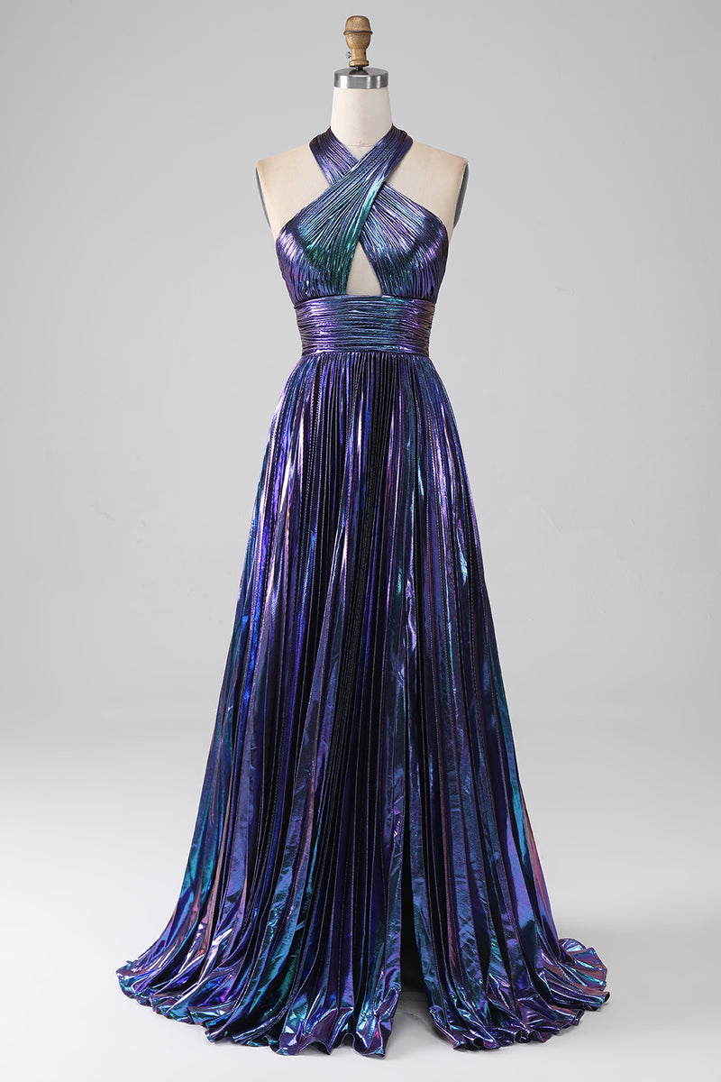 Load image into Gallery viewer, Sparkly Purple Halter A Line Formal Dress with Pleated