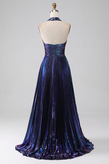 Sparkly Purple Halter A Line Formal Dress with Pleated