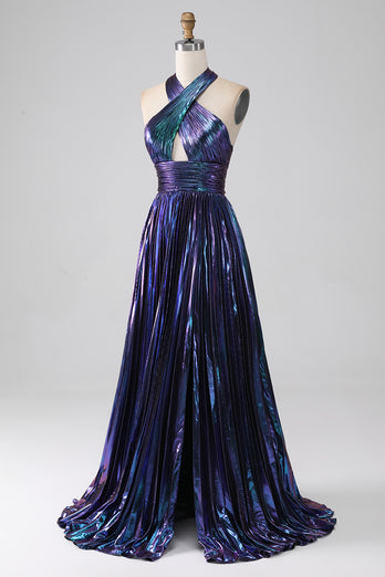 Sparkly Purple Halter A Line Formal Dress with Pleated