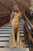 Load image into Gallery viewer, Golden Off The Shoulder Sparkly Mermaid Corset Formal Dress with Slit