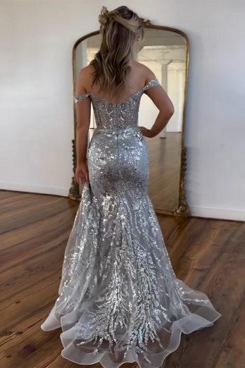 Golden Off The Shoulder Sparkly Mermaid Corset Formal Dress with Slit