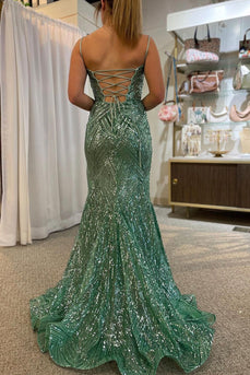 Sparkly Green Mermaid Long Formal Dress With Slit