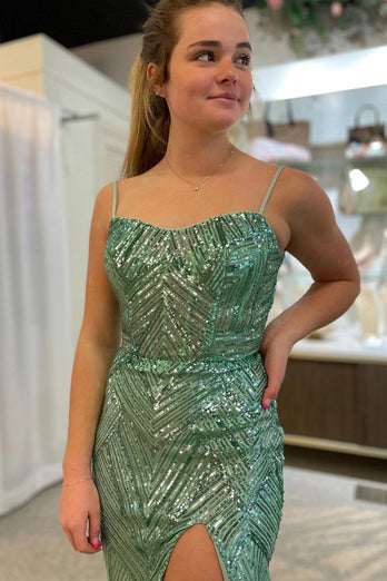 Sparkly Green Mermaid Long Formal Dress With Slit