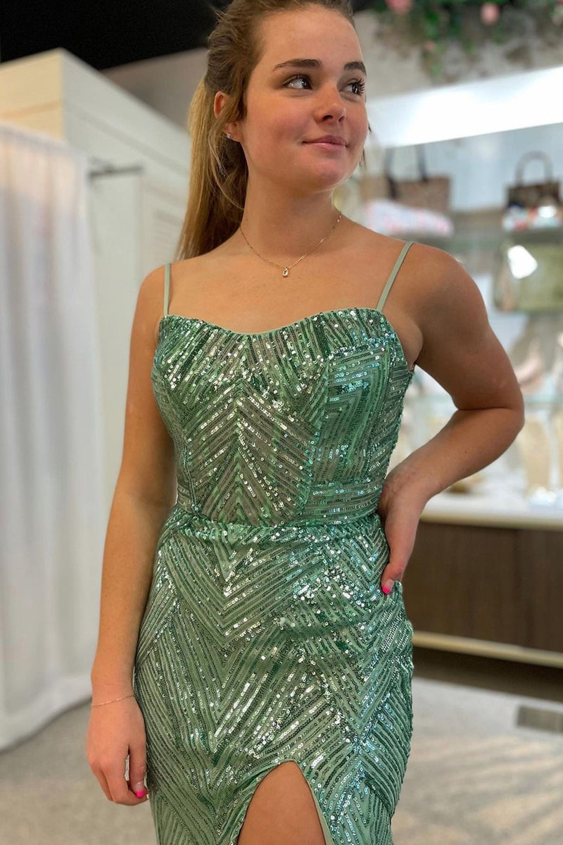 Load image into Gallery viewer, Sparkly Green Mermaid Long Formal Dress With Slit