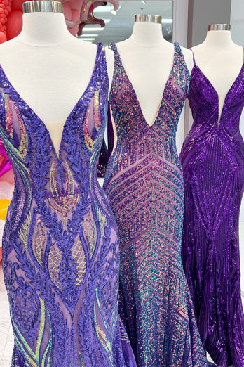 Dark Purple Mermaid V Neck Sequins Long Formal Dress
