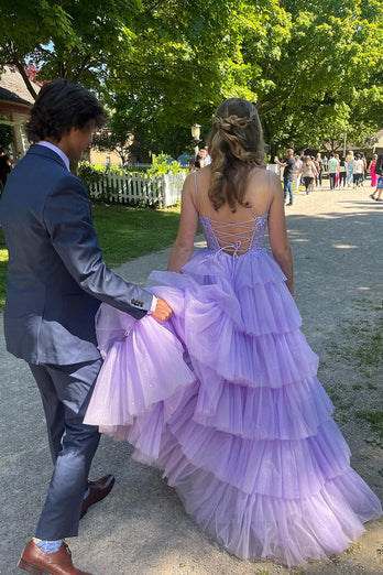 Lilac Tulle Tiered Princess Corset Formal Dress with Appliques