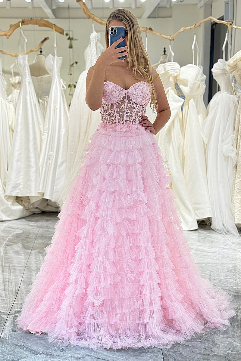 Load image into Gallery viewer, Coral A Line Sweetheart Tiered Long Corset Formal Dress