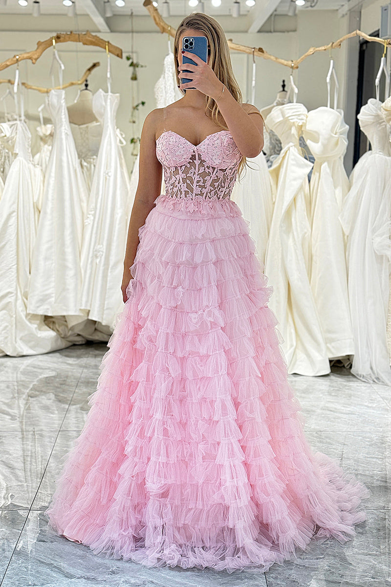 Load image into Gallery viewer, Coral A Line Sweetheart Tiered Long Corset Formal Dress