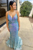 Load image into Gallery viewer, Light Blue Spaghetti Straps Glitter Mermaid Formal Dress with Beading Waist