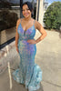 Load image into Gallery viewer, Light Blue Spaghetti Straps Glitter Mermaid Formal Dress with Beading Waist