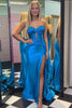 Load image into Gallery viewer, Simple Dark Blue Mermaid Strapless Long Formal Dress with Slit