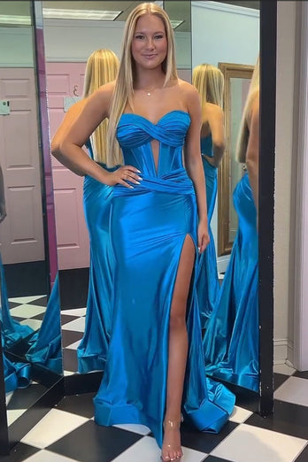 Simple Dark Blue Mermaid Strapless Long Formal Dress with Slit