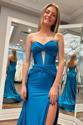 Simple Dark Blue Mermaid Strapless Long Formal Dress with Slit