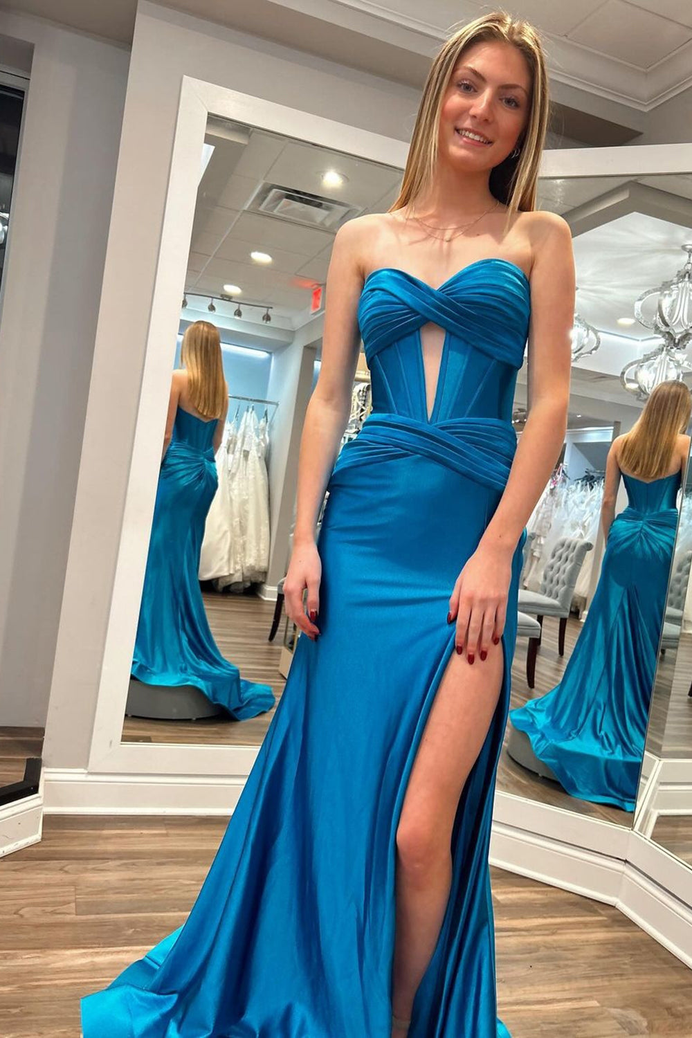 Simple Dark Blue Mermaid Strapless Long Formal Dress with Slit