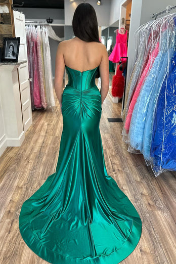 Simple Dark Green Mermaid Strapless Long Formal Dress with Slit