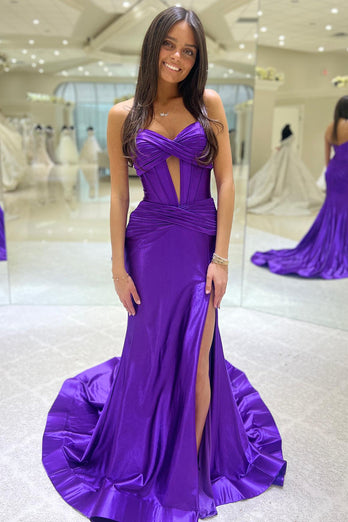 Simple Dark Blue Mermaid Strapless Long Formal Dress with Slit