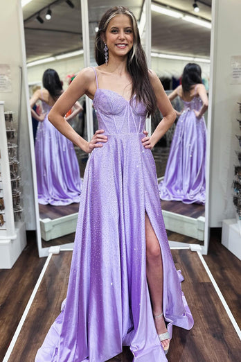 Simple Sparkly Lilac A-Line Side Slit Corset Formal Dresses with Rhinestones