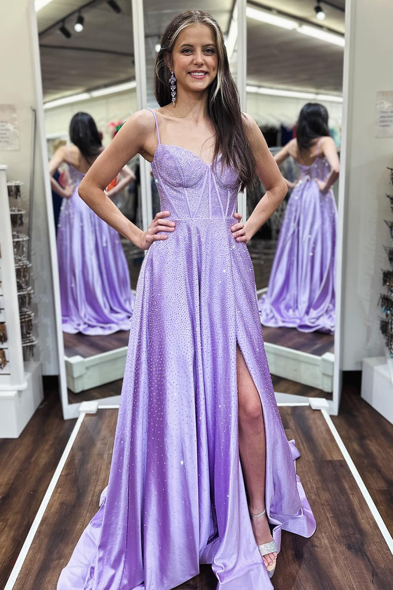 Load image into Gallery viewer, Simple Sparkly Lilac A-Line Side Slit Corset Formal Dresses with Rhinestones