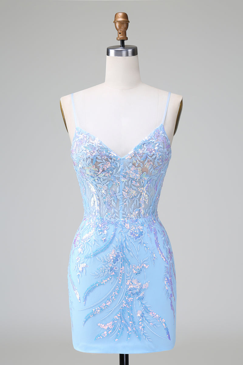 Load image into Gallery viewer, Glitter Blue Sequined Embroideries Tight Short Formal Dress