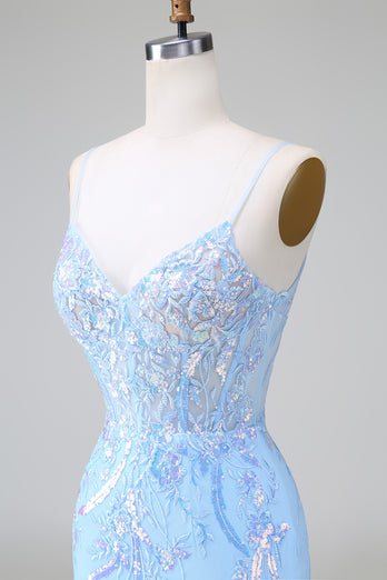 Glitter Blue Sequined Embroideries Tight Short Formal Dress