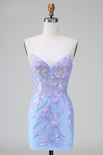 Glitter Blue Sequined Embroideries Tight Short Formal Dress