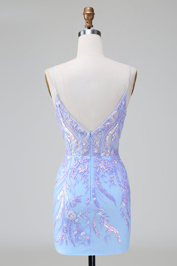 Glitter Blue Sequined Embroideries Tight Short Formal Dress