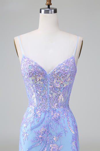 Glitter Blue Sequined Embroideries Tight Short Formal Dress