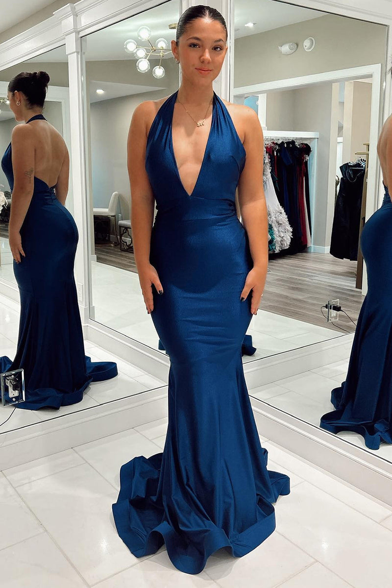 Load image into Gallery viewer, Dark Blue Mermaid Backless Long Formal Dress