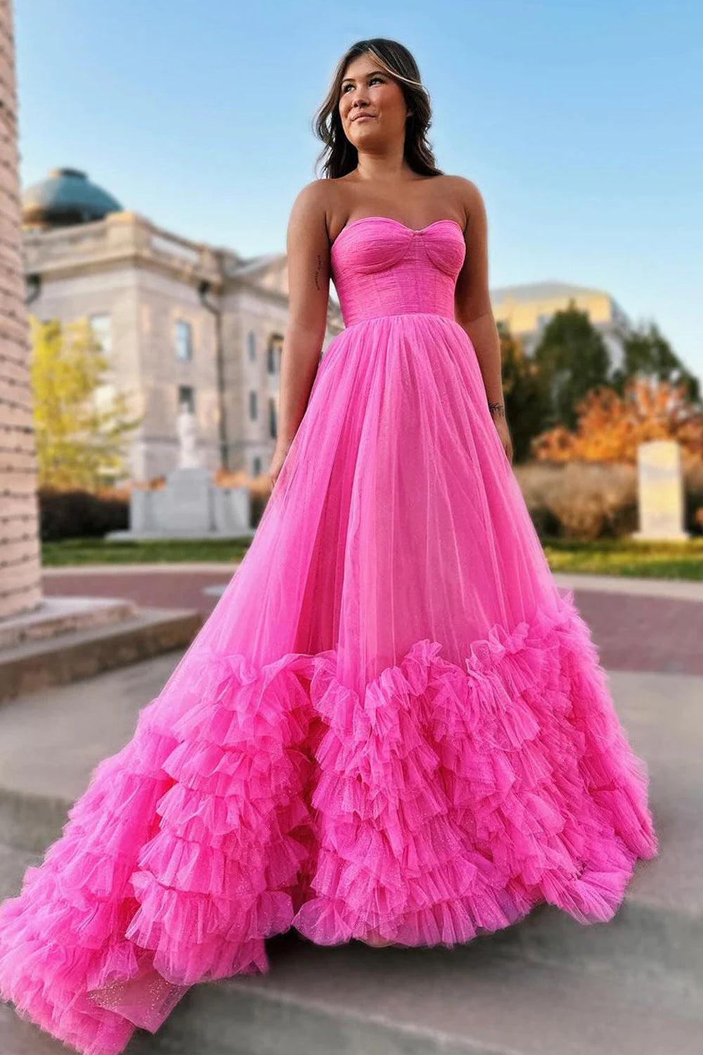 Hot Pink Corset Sweetheart A Line Long Formal Dress with Ruffles