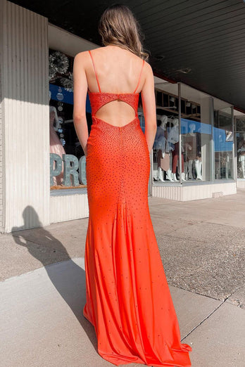 Sparkly Orange Beaded Open Back Long Formal Dress