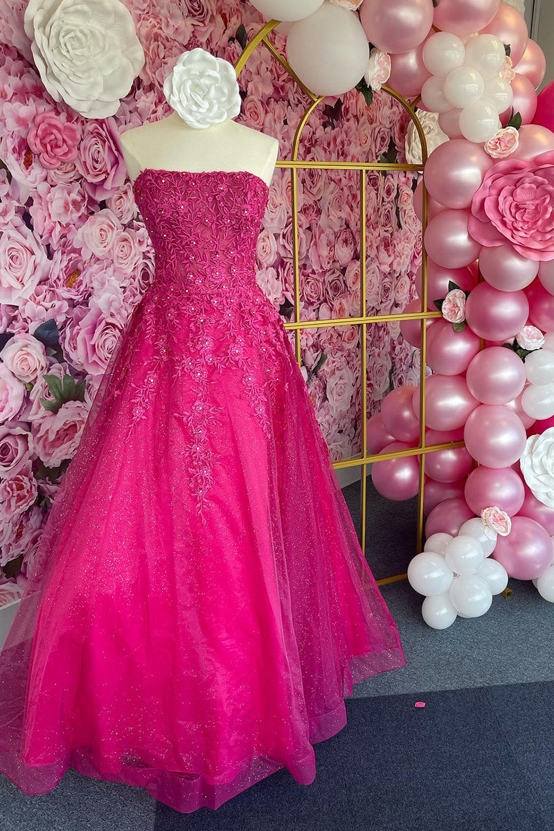 Load image into Gallery viewer, Fuchsia A Line Strapless Long Formal Dress With Embroidery