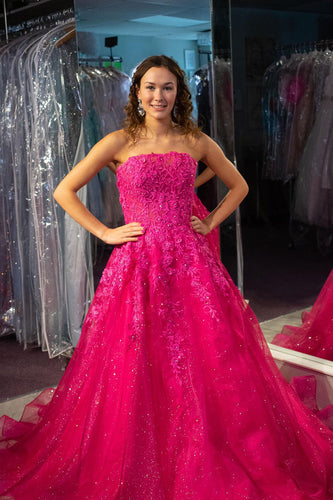 Fuchsia A Line Strapless Long Formal Dress With Embroidery