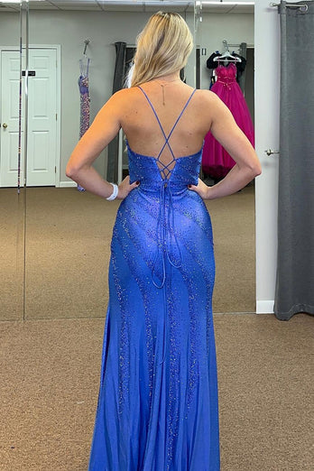 Glitter Royal Blue Mermaid Long Formal Dress With Slit