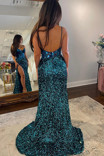 Sparkly Peacock Blue Mirror Long Sequins Formal Dress with Slit