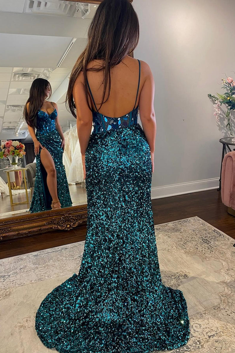 Load image into Gallery viewer, Sparkly Peacock Blue Mirror Long Sequins Formal Dress with Slit