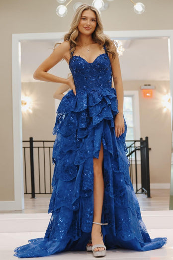 Glitter Royal Blue A Line Long Tiered Appliqued Formal Dress With Slit