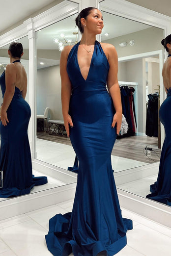 Dark Blue Mermaid Backless Long Formal Dress